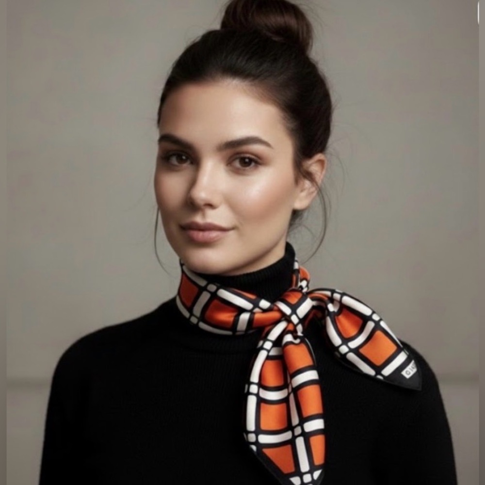Vintage GIVENCHY Scarf - 100% Silk Orange & Black Block Scarf Saks Fifth Avenue